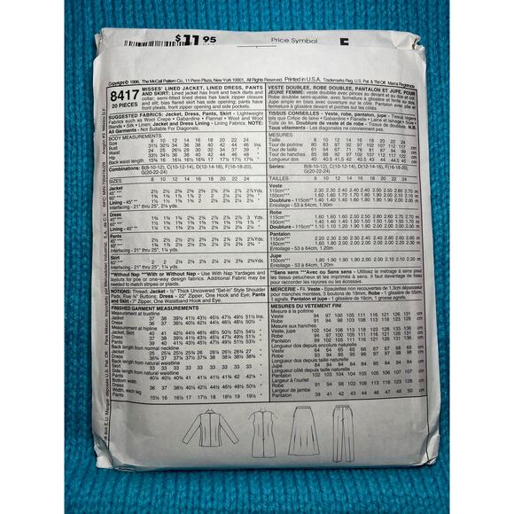 McCalls 8417 pattern suit jacket blazer dress pants skirt 1990s Size 8 10 12 - Picture 3 of 8